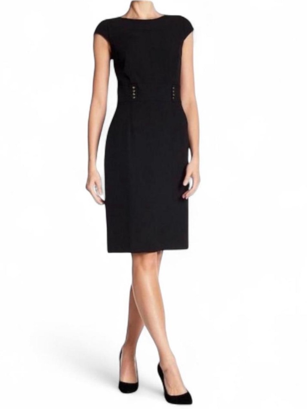 Tahari Cap Sleeved Black Dress With Gold Embellishments at Waist SZ 6 NWOT